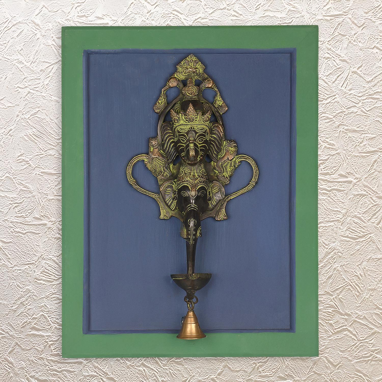 Divine Decor Wall Frame with Brass Ganesha Diya & Bell 18"• Antique Vastu Decor for Home | Elevate your sacred